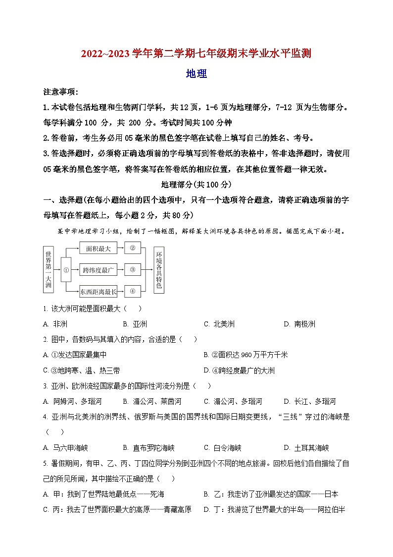 宿迁市泗阳县2022-2023学年七年级下学期期末地理试题（含答案和解析）第1页
