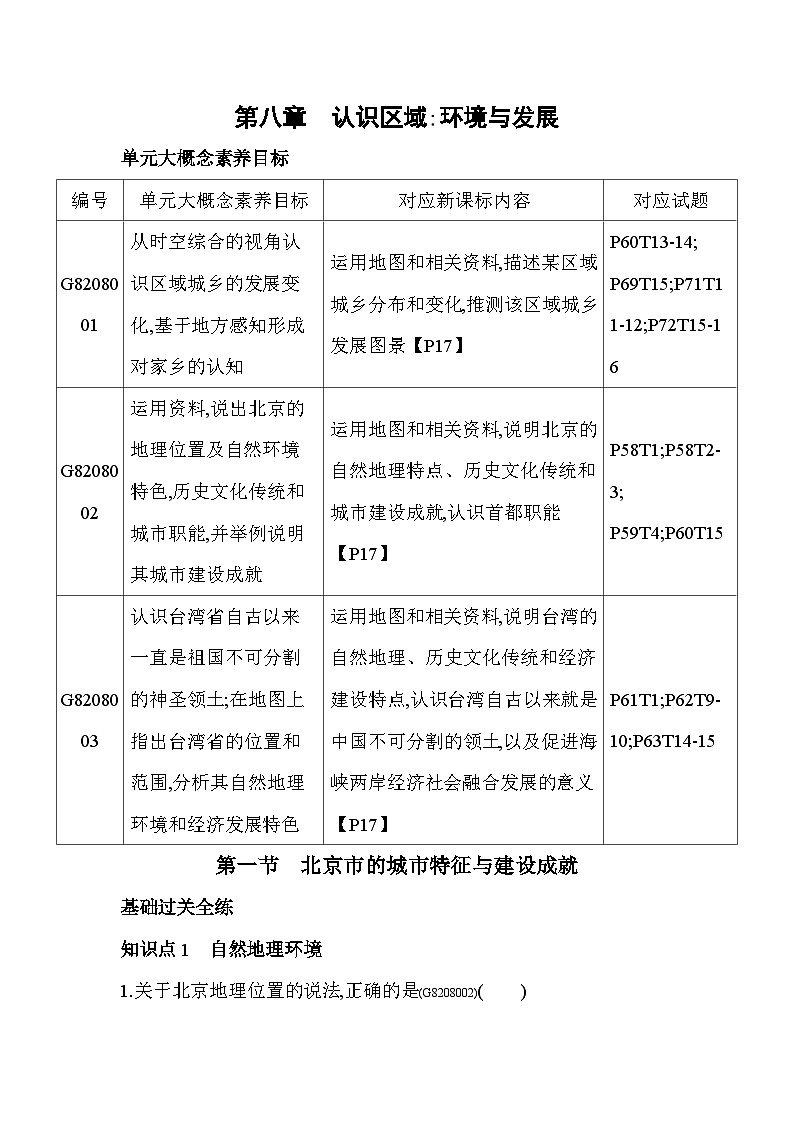 8.1   北京市的城市特征与建设成就--2024年湘教版地理八年级下册精品同步练习第1页