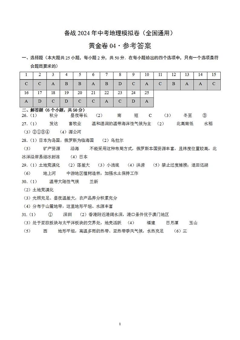 备战2024年初三中考模拟卷：地理04（全国通用）（参考答案）第1页