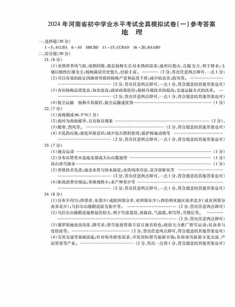 2024年河南省中招备考模拟卷地理试题（附答案）01