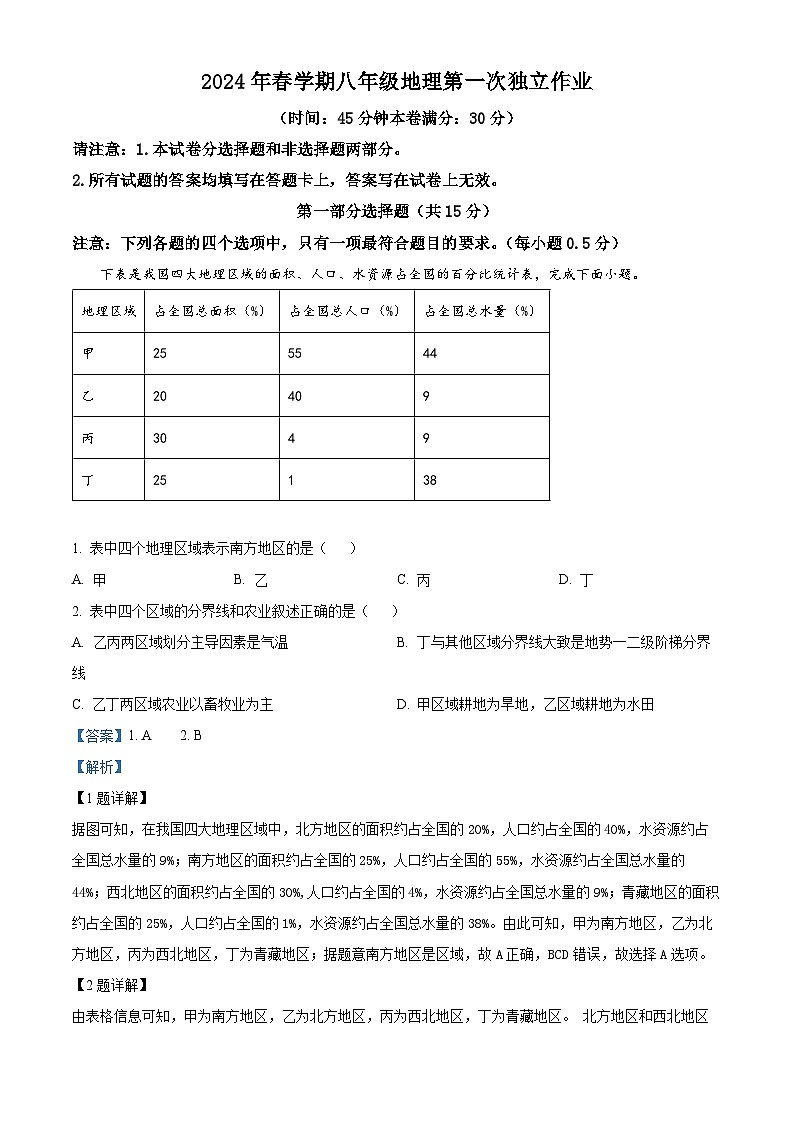 江苏省泰州市医药高新区（高港区）北片区部分学校2023-2024学年八年级下学期3月月考地理试题（高港区+高港区）01