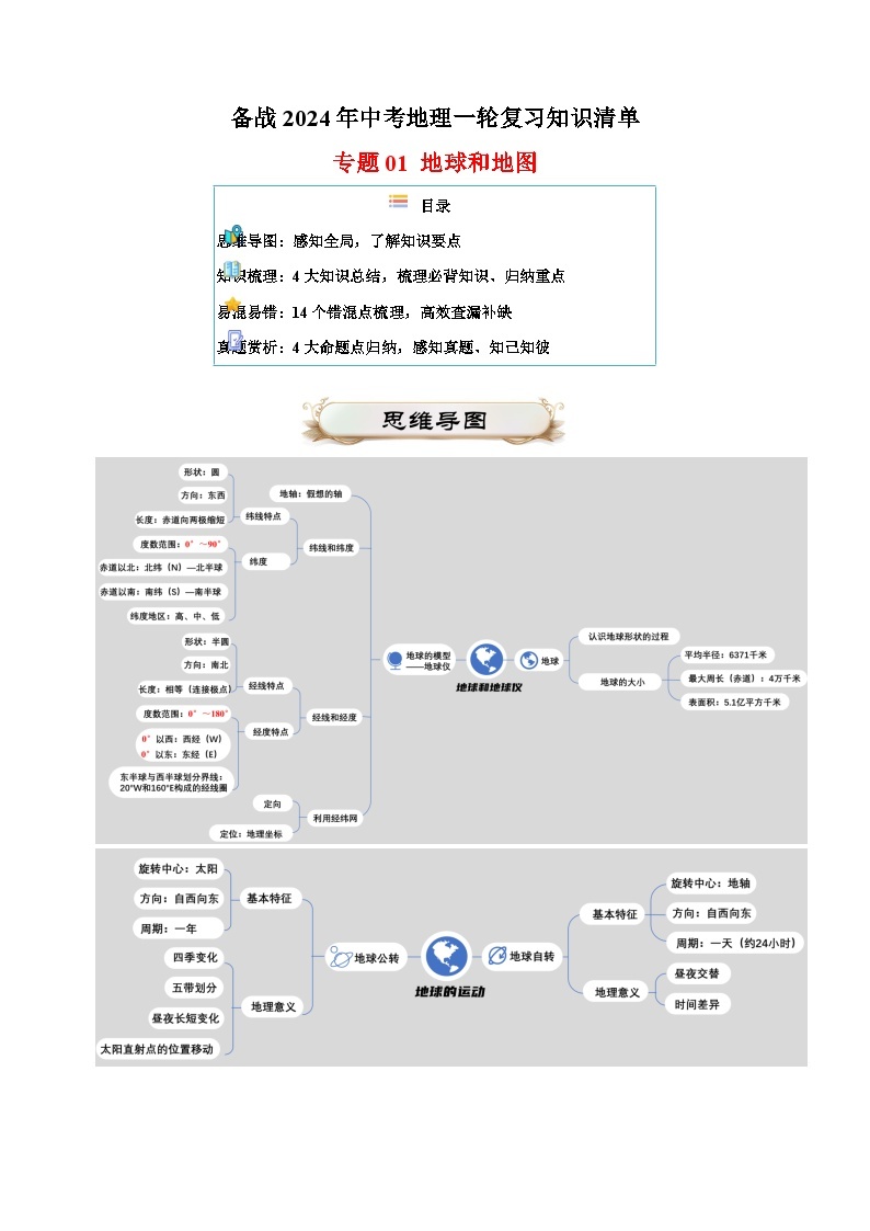 专题01 地球和地图-备战2024年中考地理一轮复习知识清单01