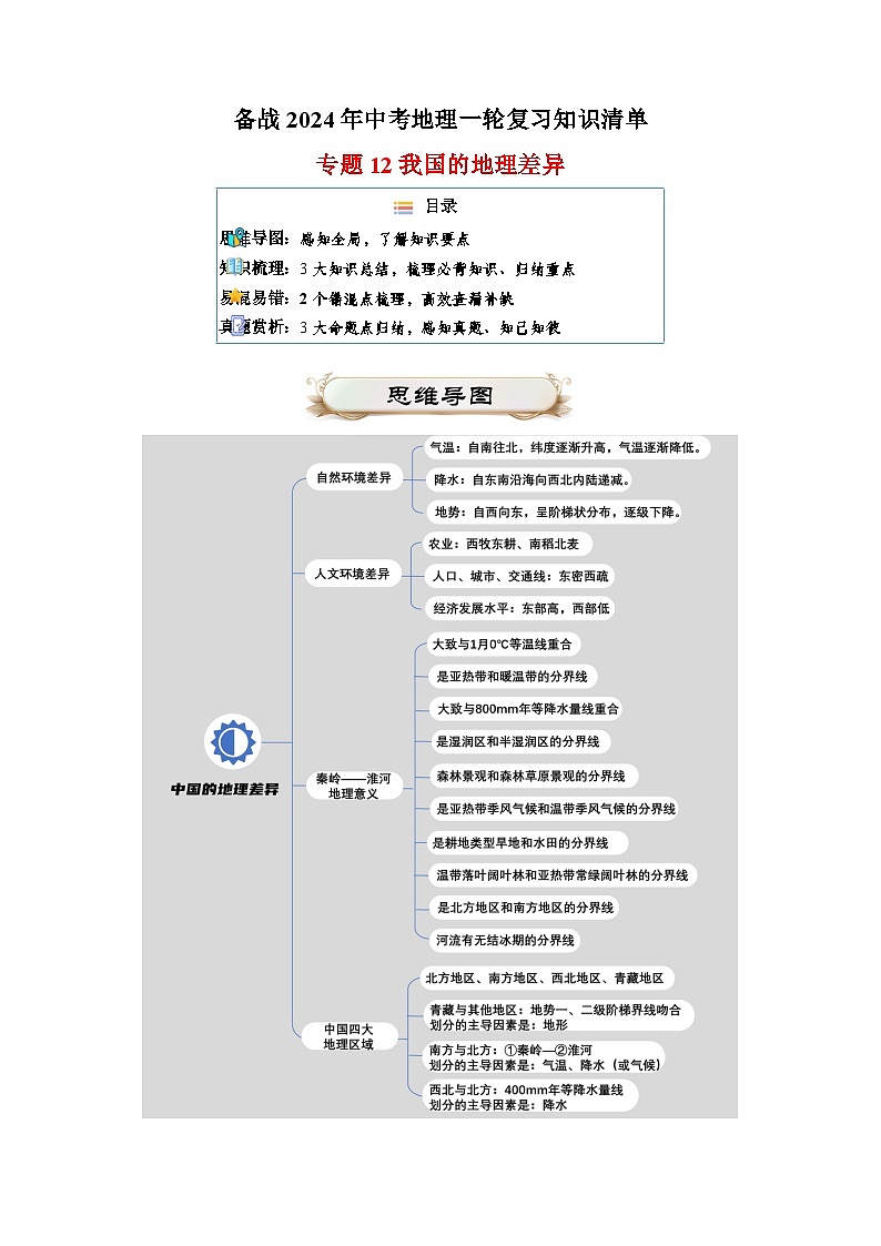 专题12 我国的地理差异-备战2024年中考地理一轮复习知识清单第1页