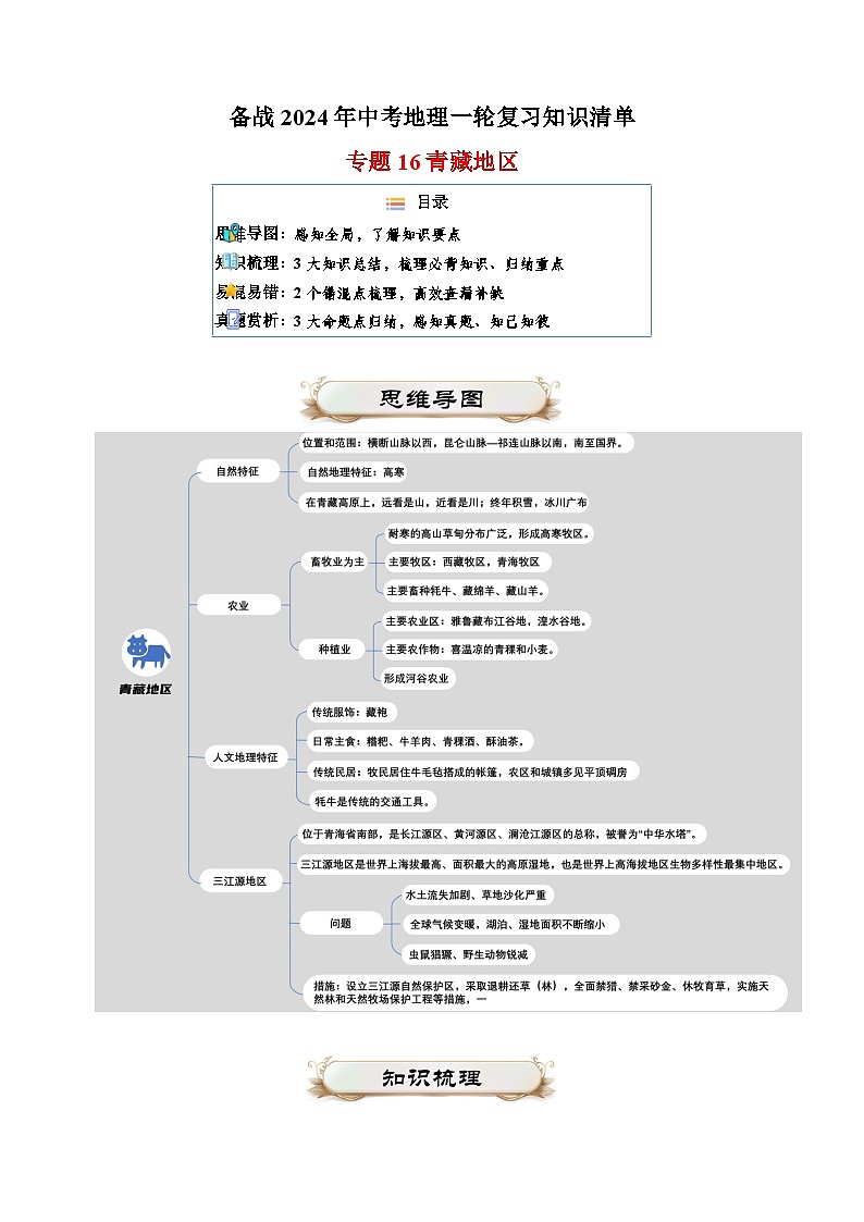 专题16 青藏地区-备战2024年中考地理一轮复习知识清单第1页