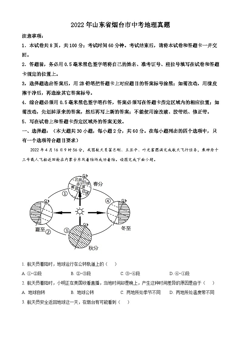 2022年山东省烟台市中考地理真题（含解析）01
