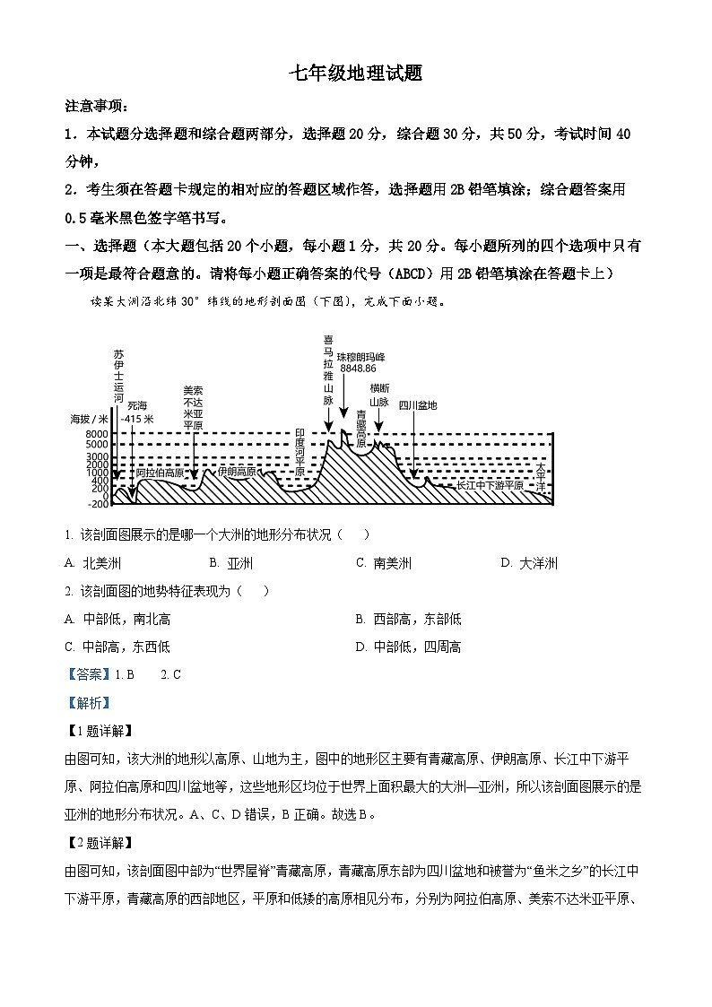 山东省菏泽市鲁西新区2023-2024学年七年级下学期3月月考地理试题（解析版）第1页