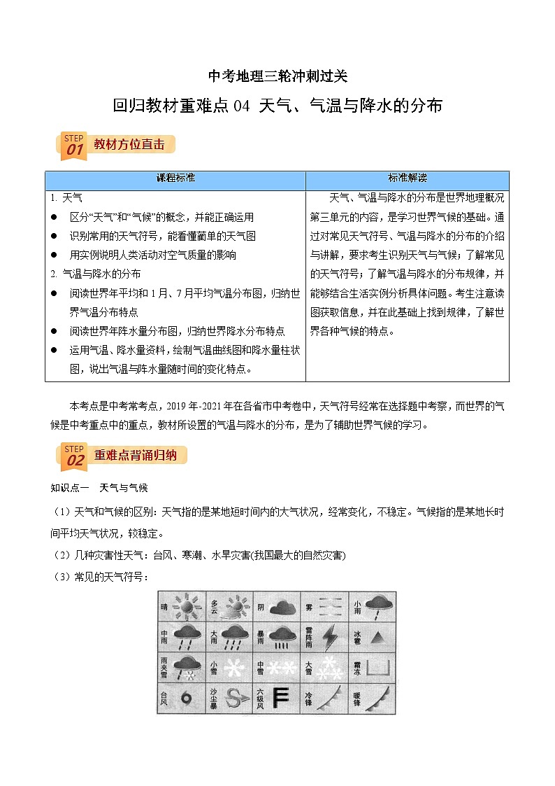回归教材重难点04   天气、气温与降水的分布 （原卷版）-中考地理三轮冲刺过关第1页