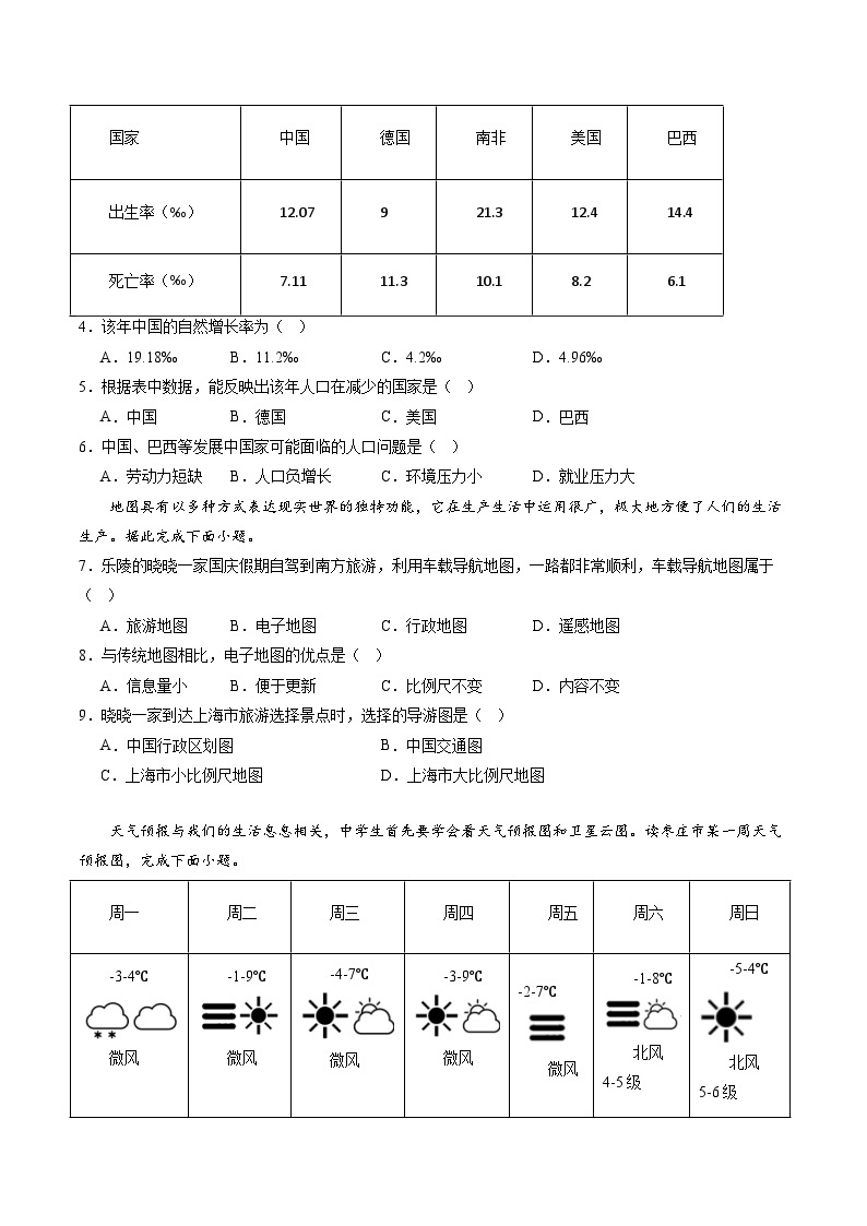 地理（湖南长沙卷）-2024年会考第一次模拟考试02