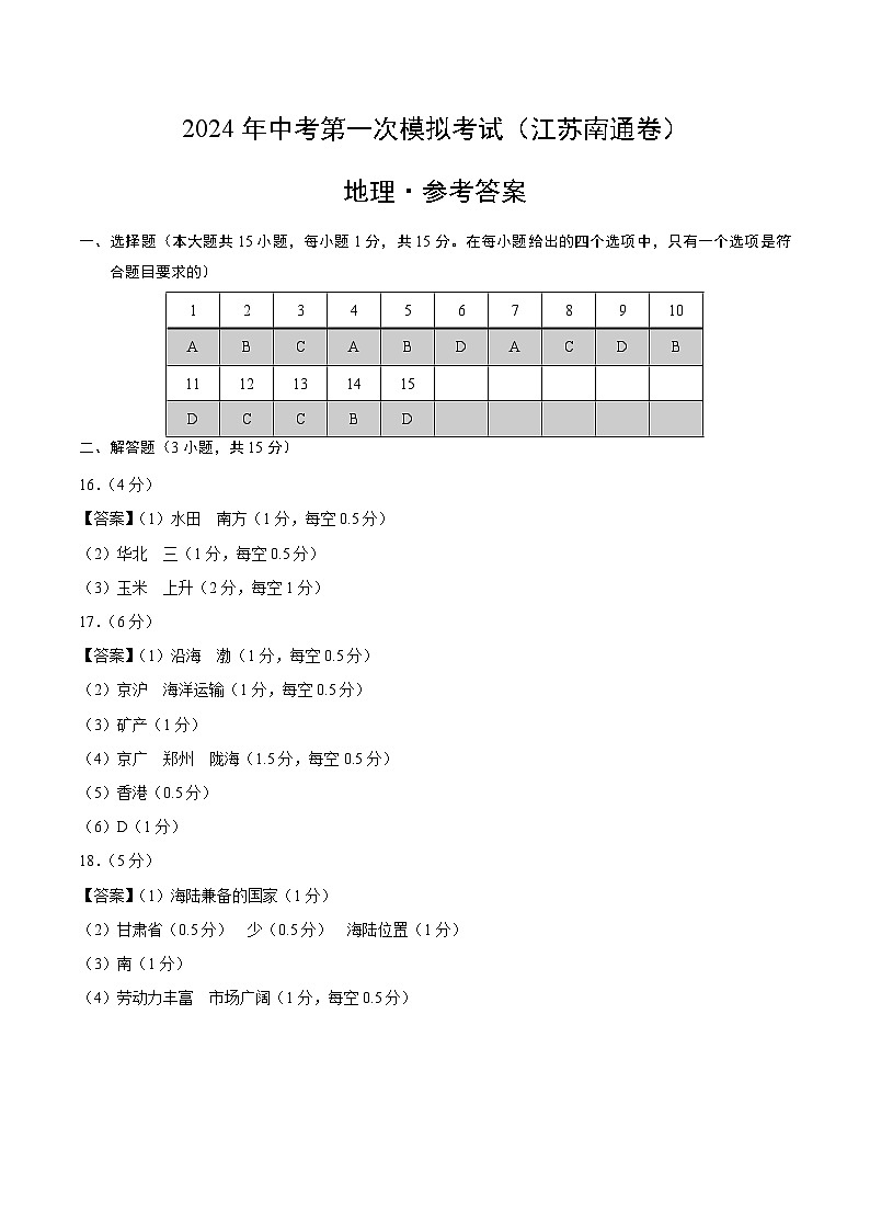 地理（江苏南通卷）-2024年会考第一次模拟考试01