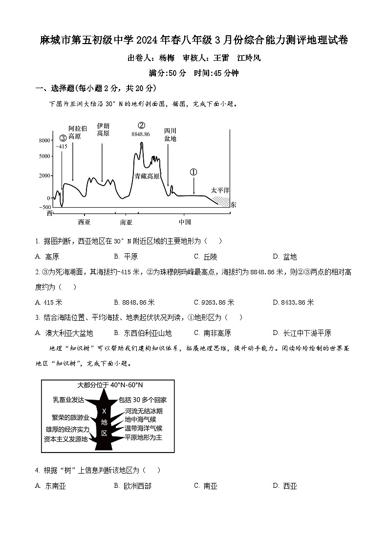 湖北省麻城市第五初级中学2023-2024学年八年级下学期3月月考地理试题（原卷版）第1页