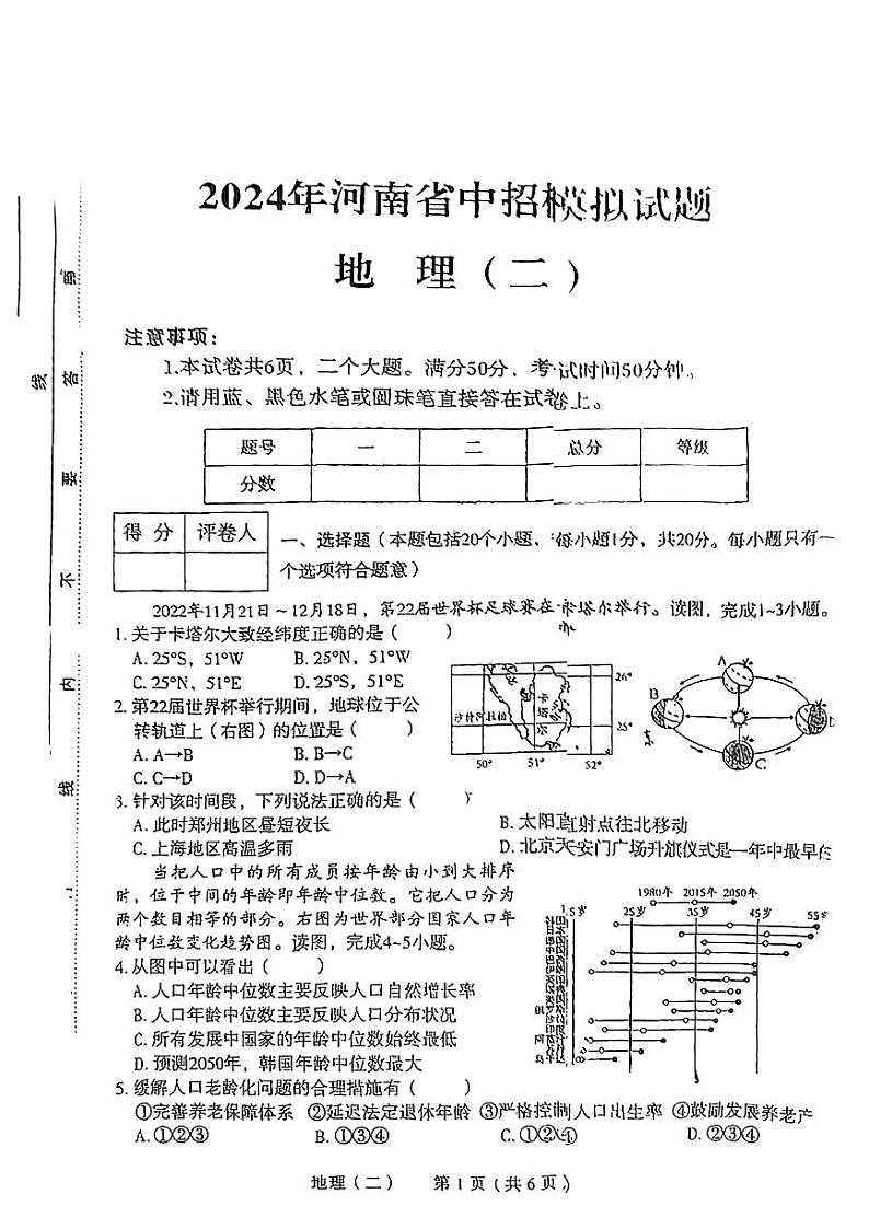 2024年河南省信阳市新县部分学校中考一模考试地理试题01