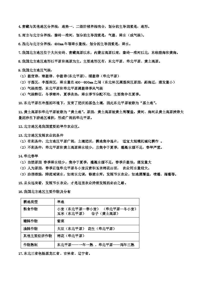中国地理二核心考点速记（125个核心考点）2024年会考地理一轮复习知识清单02