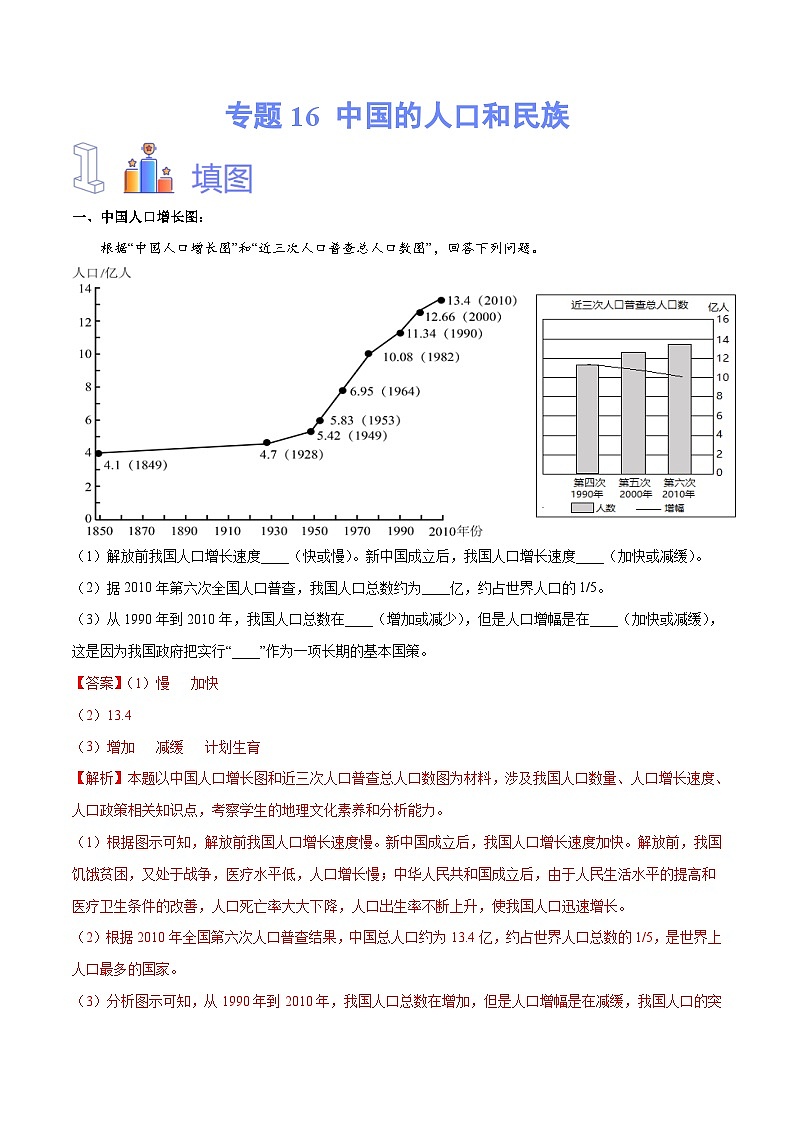 中考地理一轮复习速记手册与变式演练专题16 中国的人口和民族（含解析）第1页
