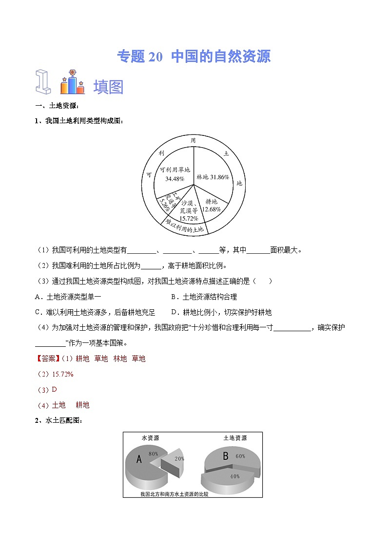 中考地理一轮复习速记手册与变式演练专题20 中国的自然资源（含解析）第1页