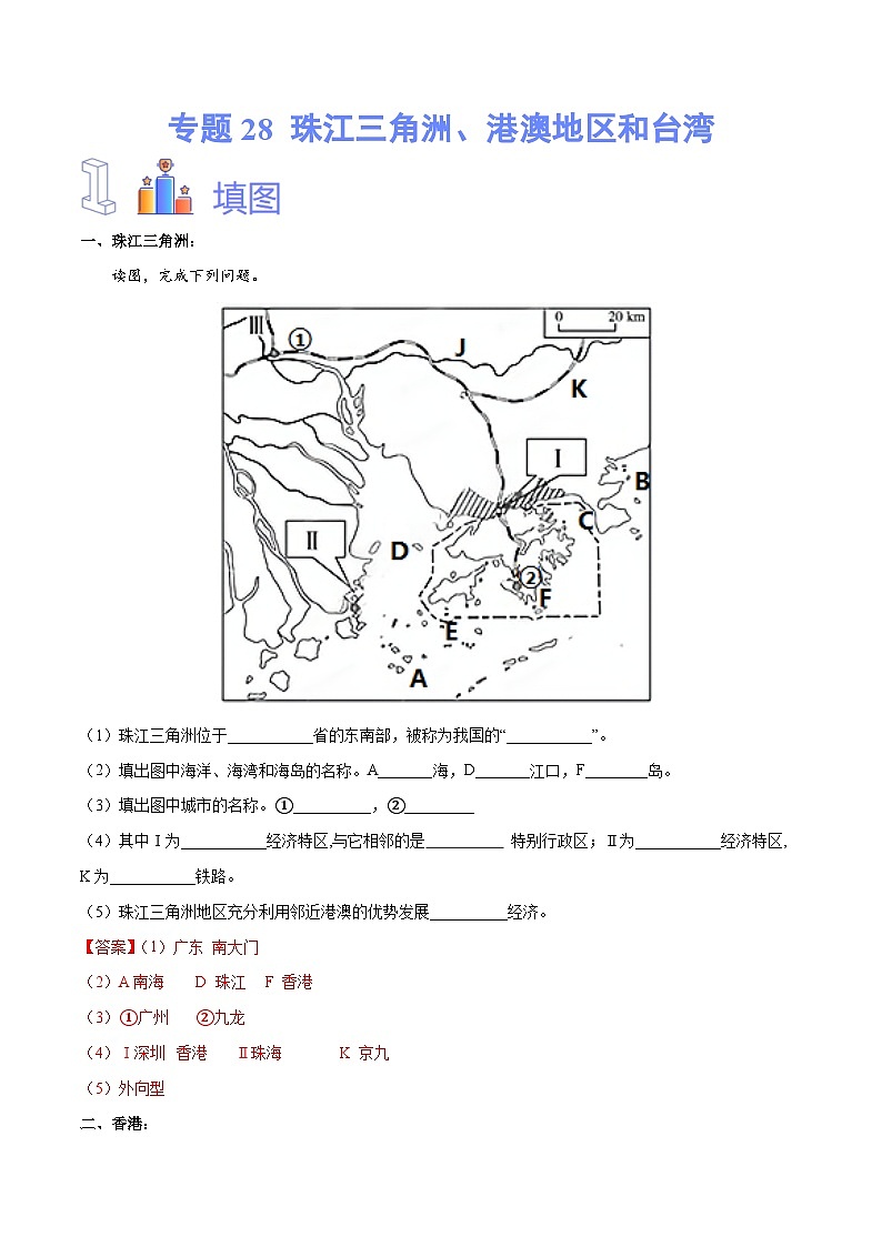 中考地理一轮复习速记手册与变式演练专题28  珠江三角洲、港澳地区和台湾（含解析）01