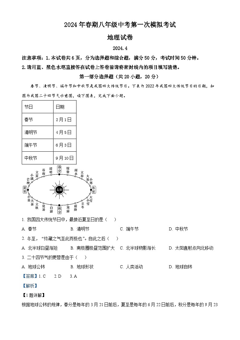 2024年河南省镇平县城区五校联考中考第一次模拟考试地理试卷（原卷版+解析版）01