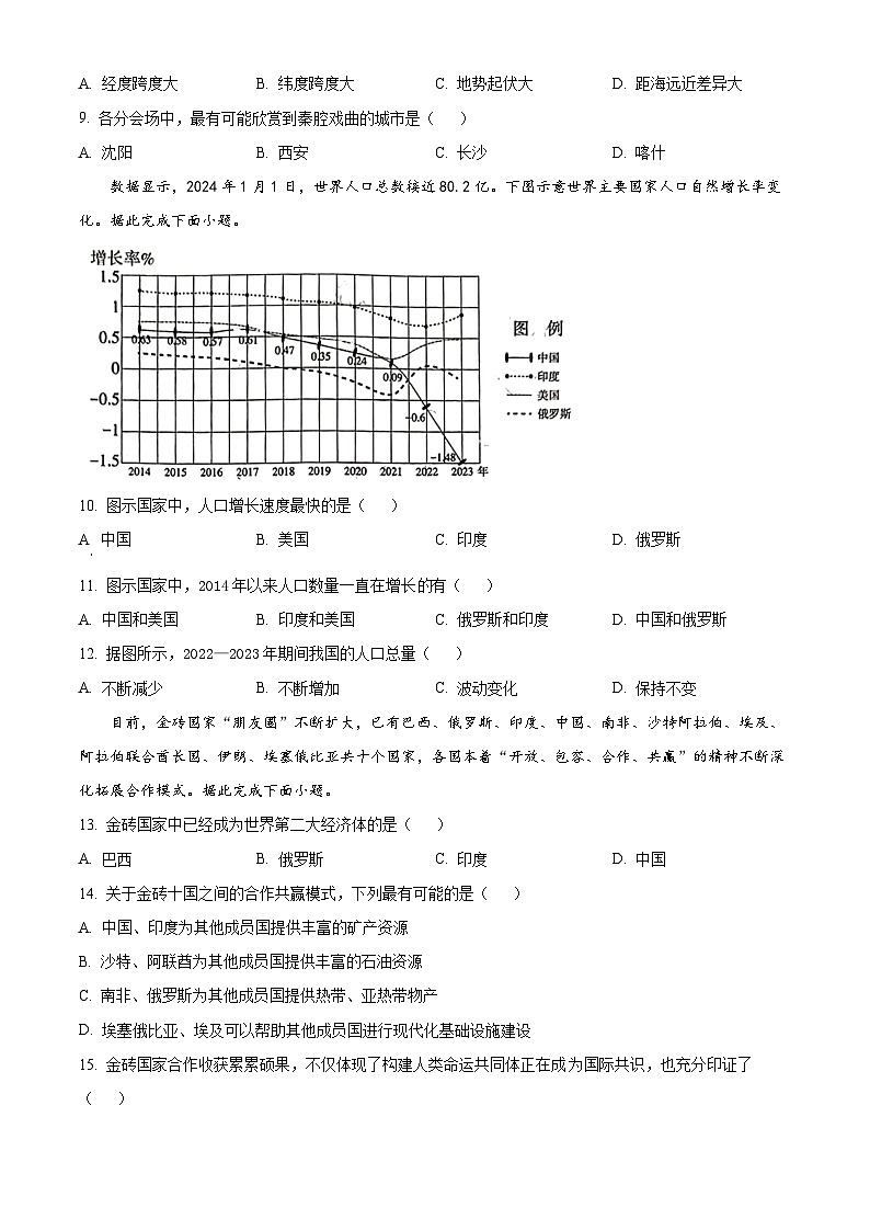 2024年山西省大同市第一中学校中考第一次调研地理试卷（原卷版+解析版）03
