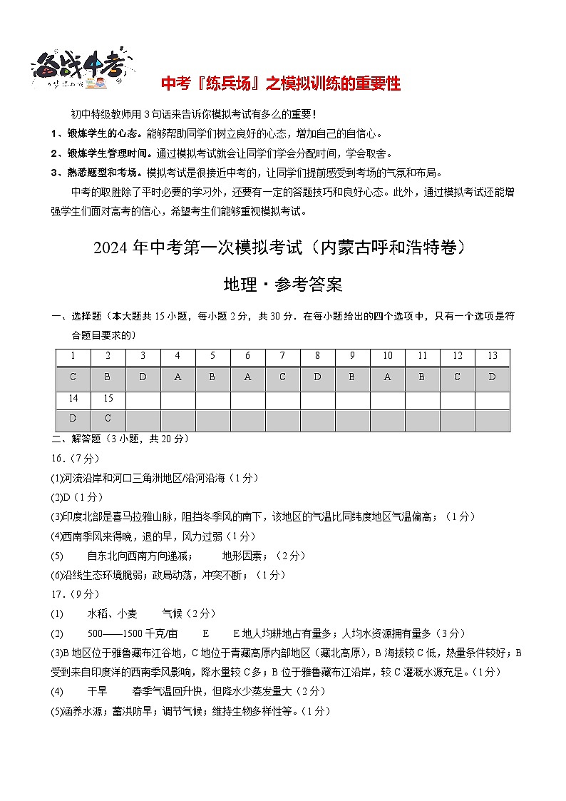 中考地理（内蒙古呼和浩特卷）-2024年中考第一次模拟考试01