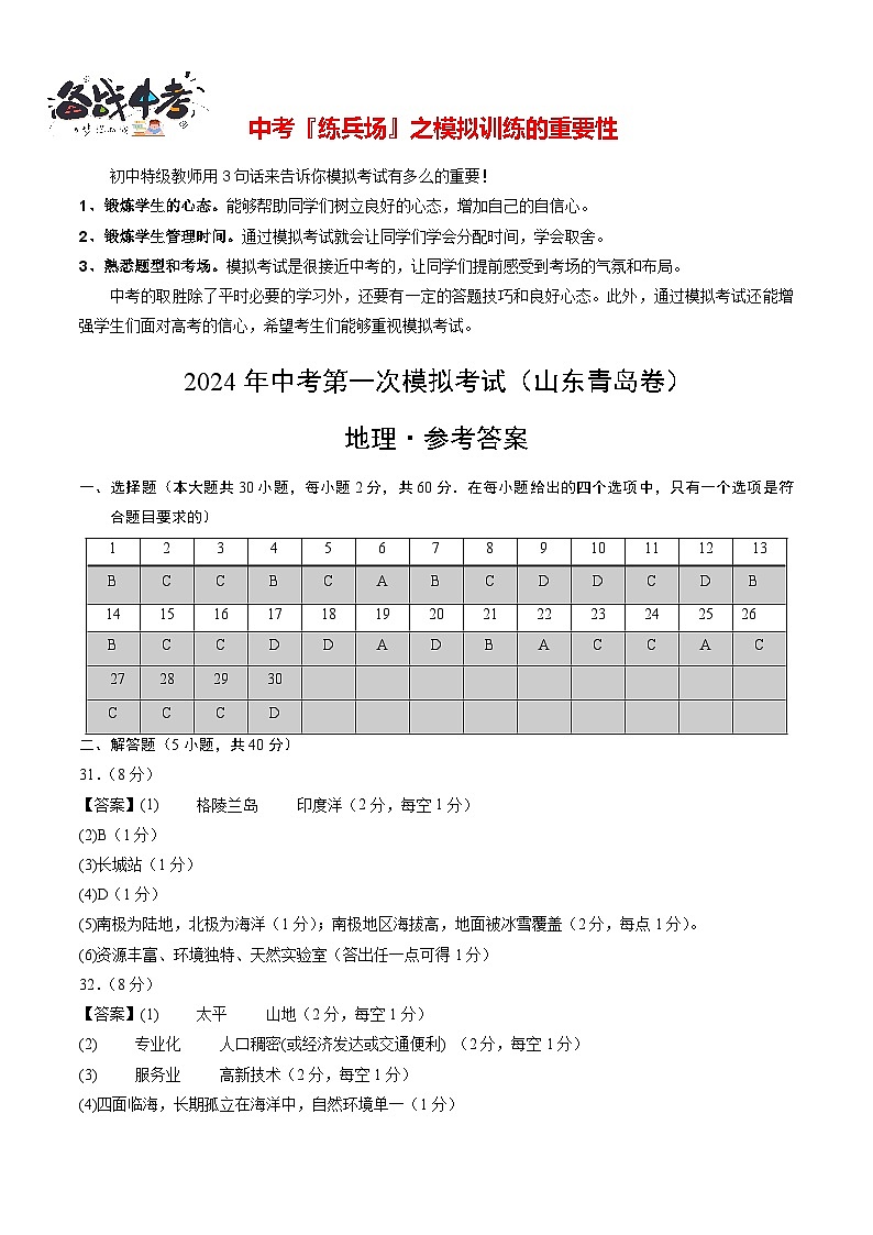 中考地理（山东青岛卷）-2024年中考第一次模拟考试01
