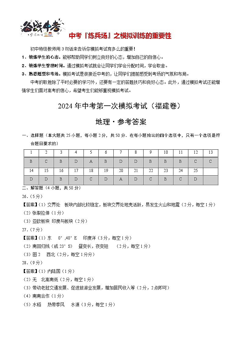 中考地理（福建卷）-2024年中考第一次模拟考试01