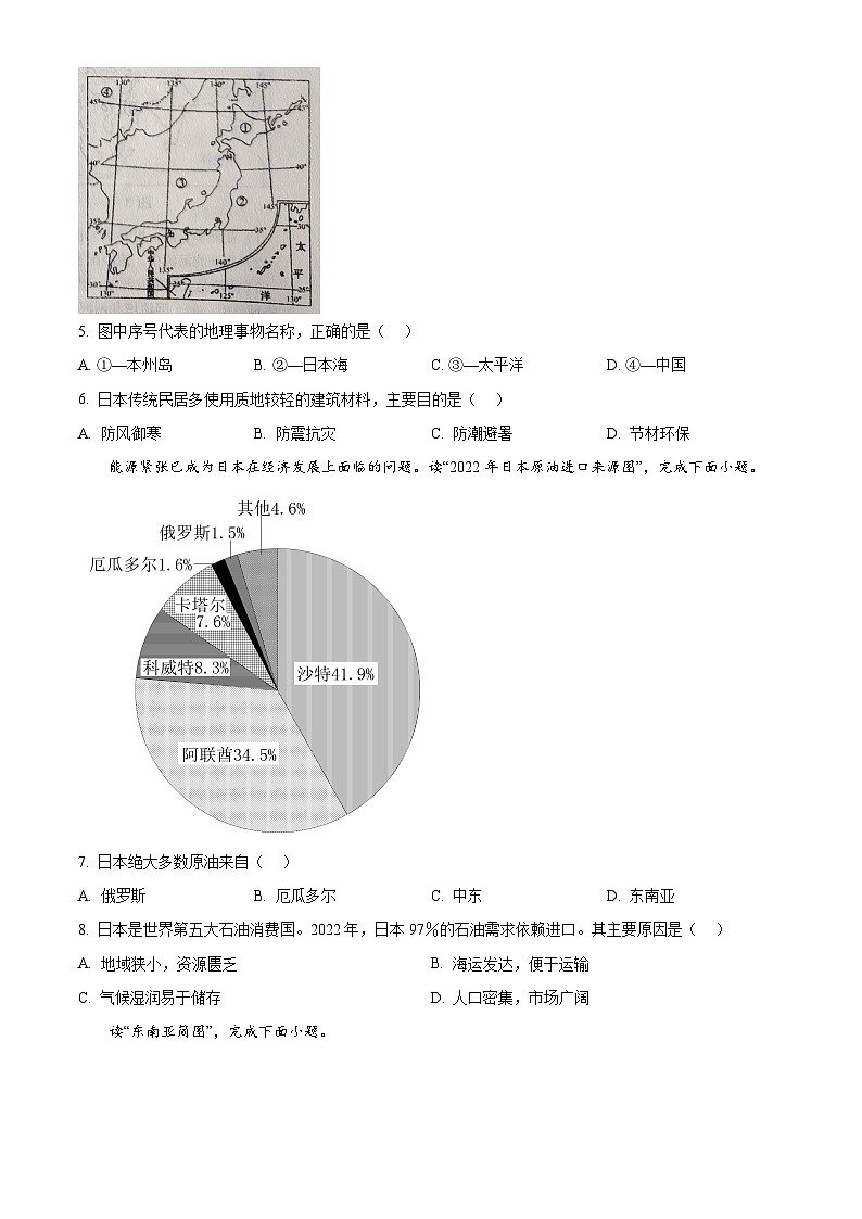 辽宁省瓦房店市2023-2024学年七年级下学期4月练习地理试卷（原卷版+解析版）02