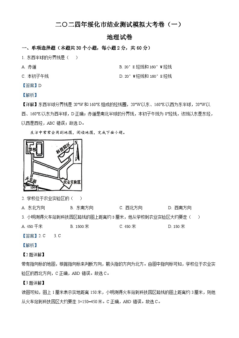 2024年黑龙江省绥化市中考一模地理试题 （原卷版+解析版）01