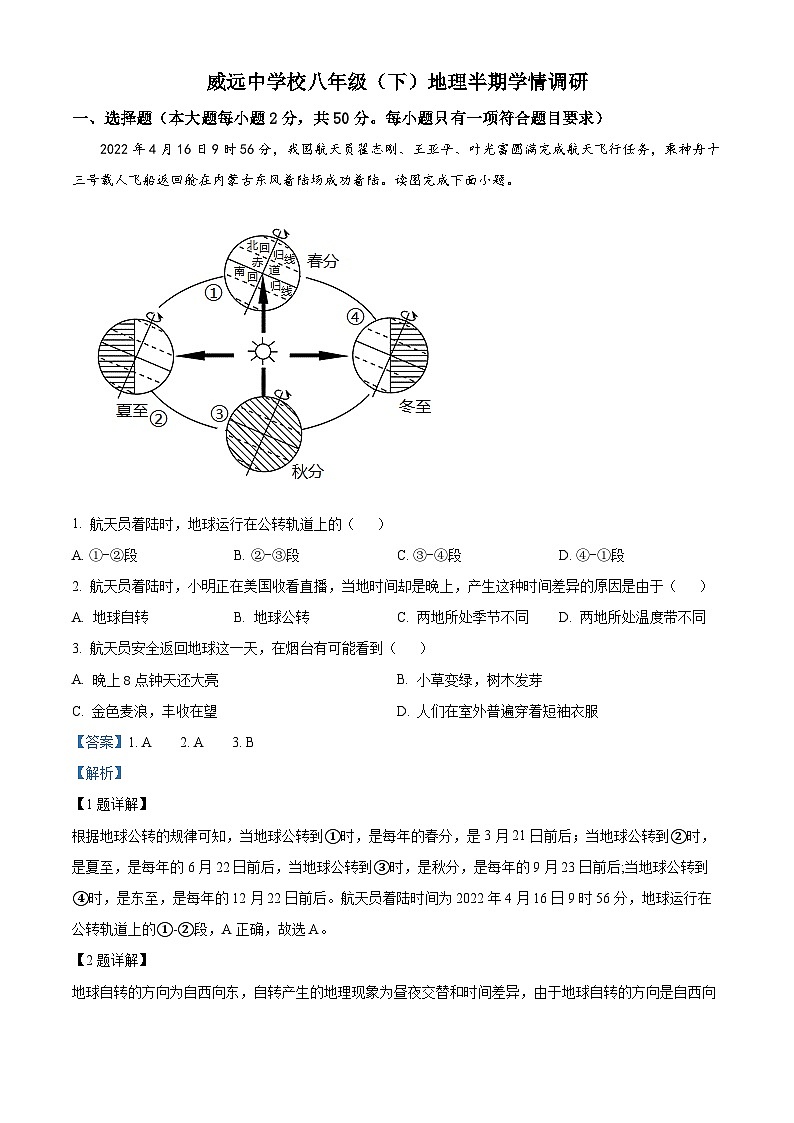 四川省内江市威远县威远中学校2023-2024学年八年级下学期期中考试地理试题（原卷版+解析版）01
