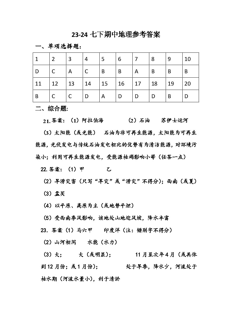 江苏省徐州市丰县2023-2024学年七年级下学期期中地理试题01