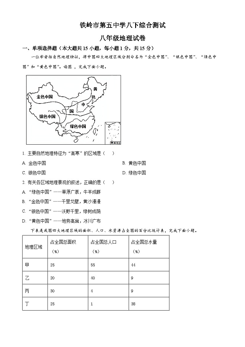 辽宁省铁岭市第五中学2023-2024学年八年级下学期4月月考地理试题（原卷版+解析版）01