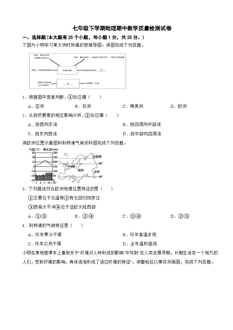 重庆市2024年七年级下学期地理期中教学质量检测试题(附答案）01