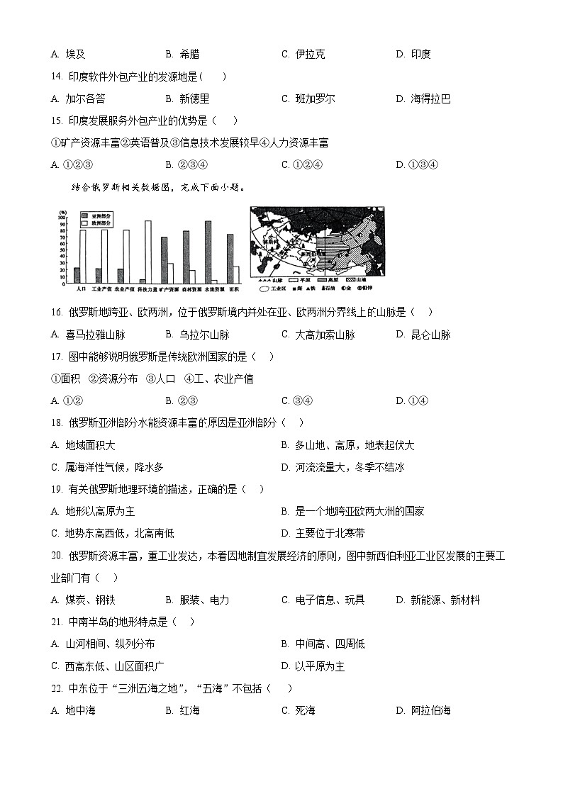 重庆市龙水湖育才中学校2023-2024学年七年级下学期期中考试地理试题（原卷版）第3页