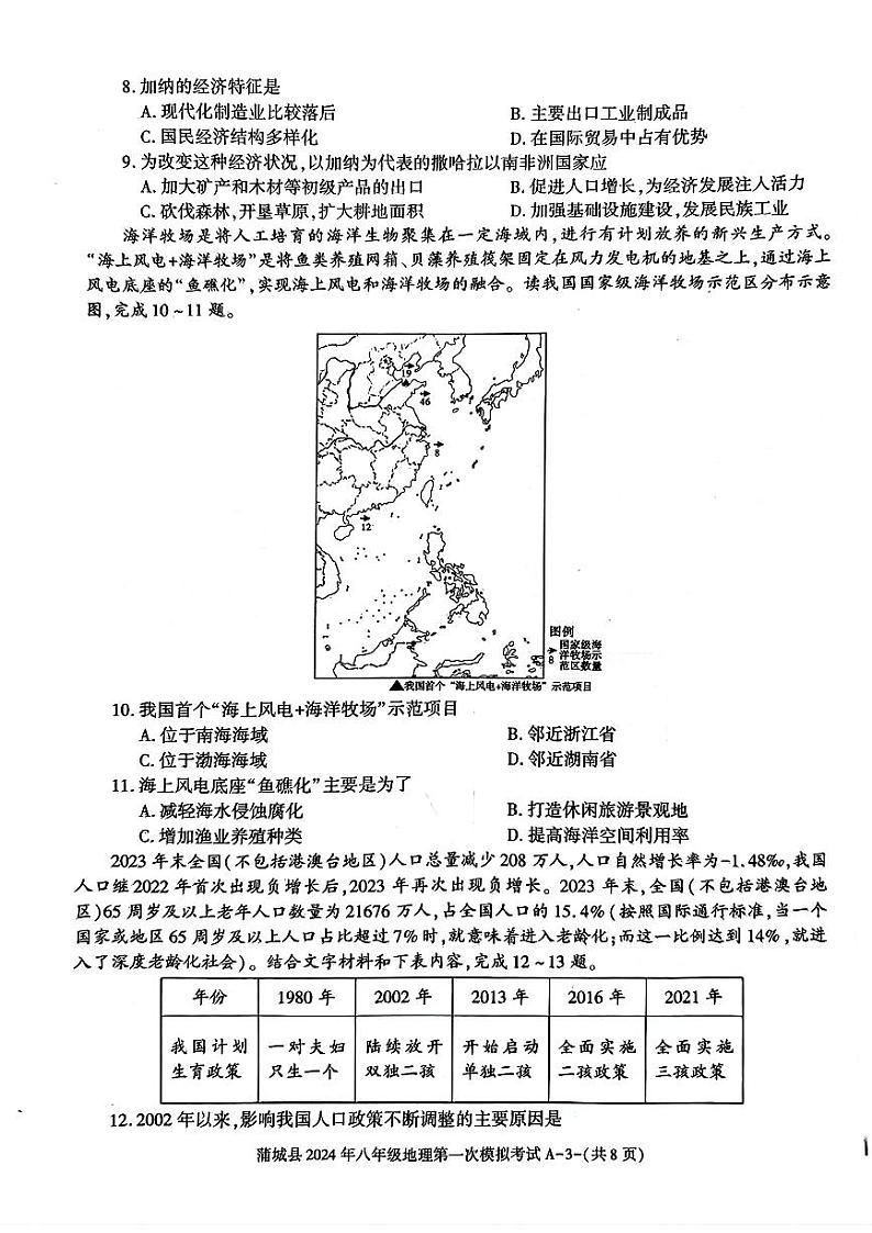 2024年陕西省渭南市蒲城县中考第一次模拟考试地理试卷03