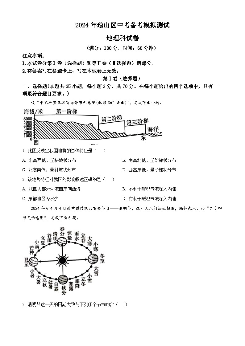 2024年海南省琼山区中考备考模拟测试地理试题（原卷版）第1页