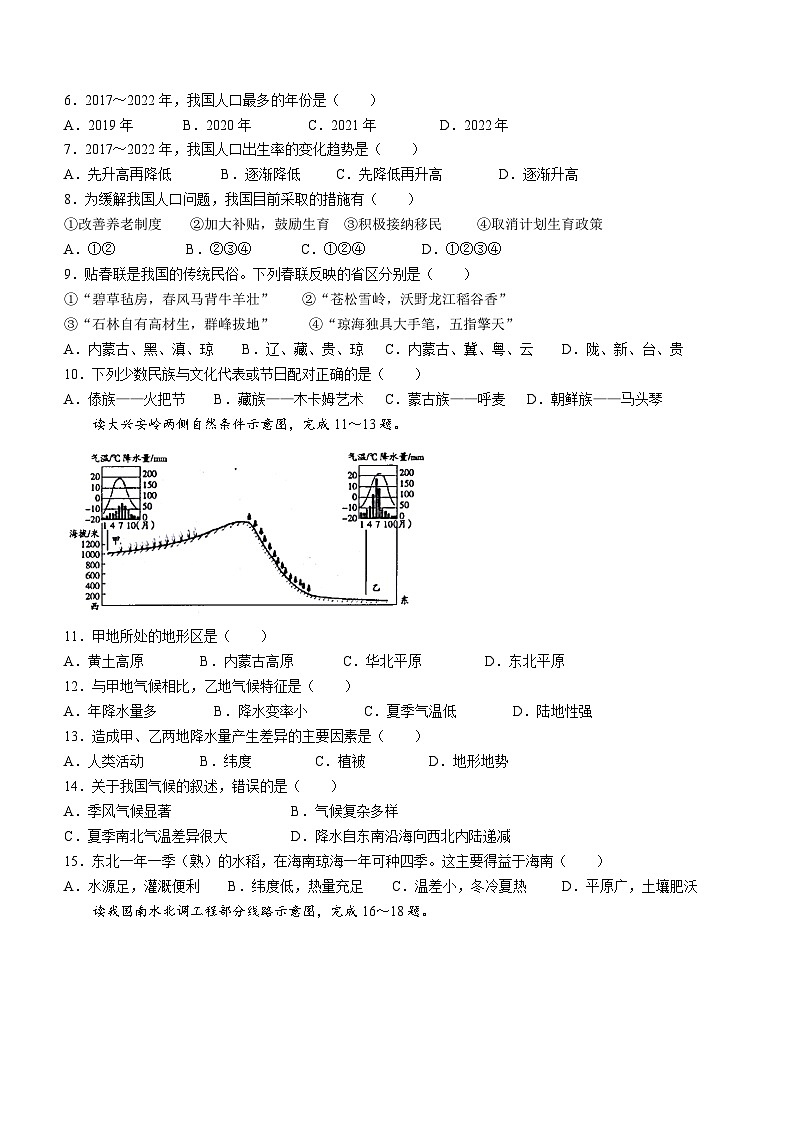 安徽省滁州市全椒县多校2023-2024学年八年级上学期期末地理试题(无答案)02