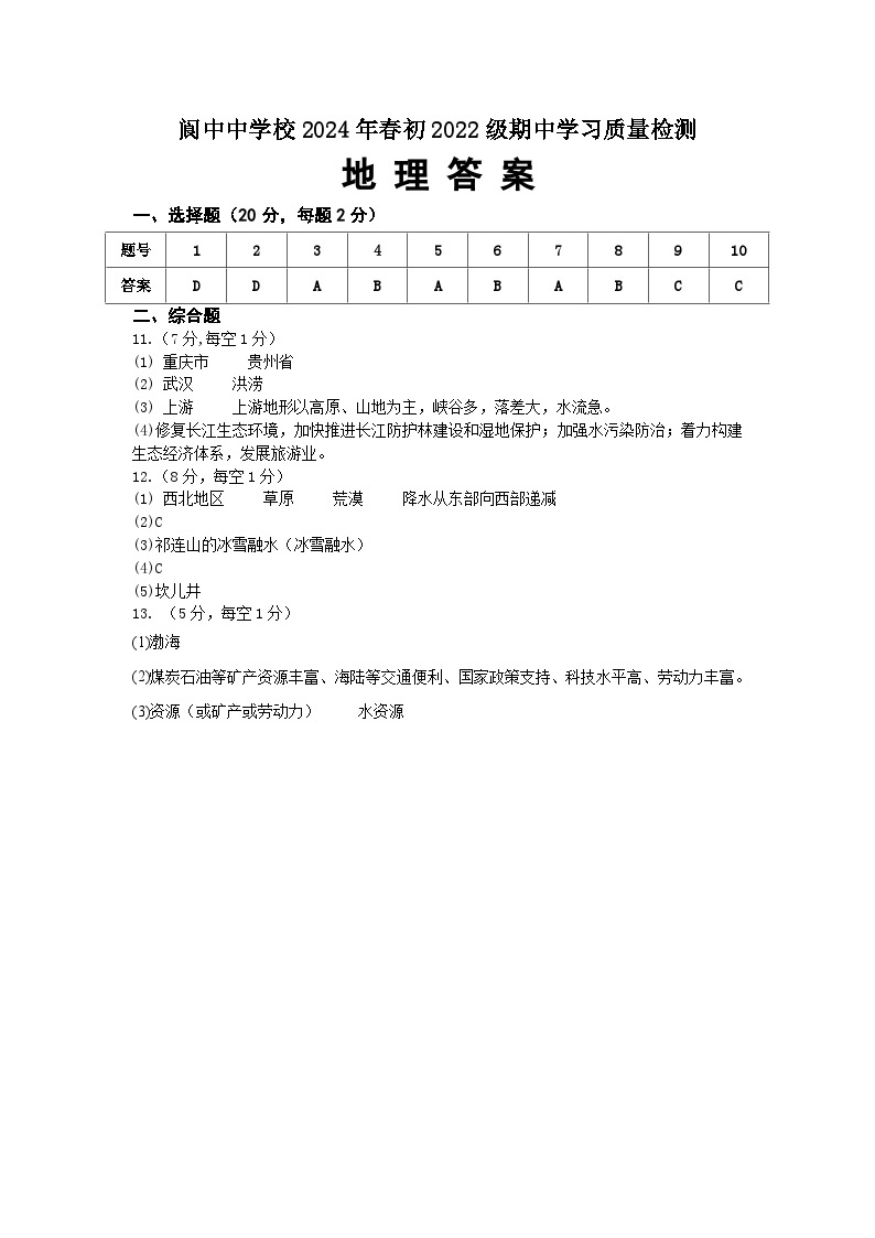 四川省阆中中学校2023-2024学年八年级第二学期期中考试地理试题01