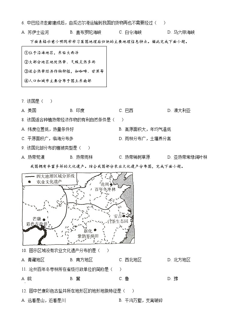 2024年山西省运城市部分学校中考二模联考地理试题 （原卷版+解析版）02
