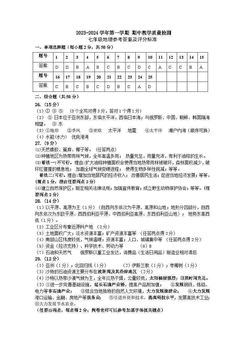 2023—2024学年七年级期中地理答案第1页