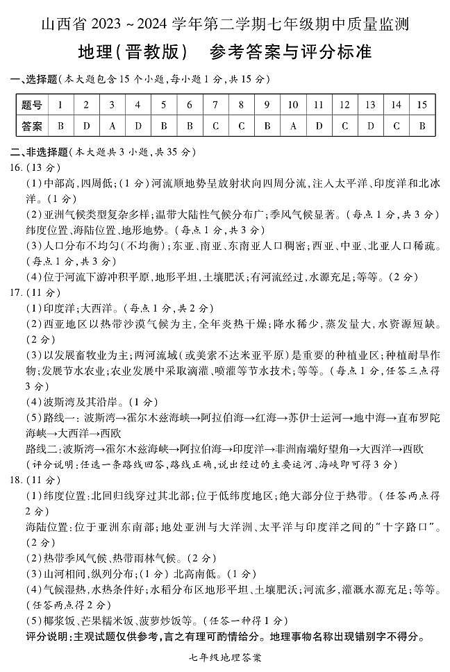 2023-2024学年山西省初中七年级部分学校下学期期中考试 地理试题（晋教版）01