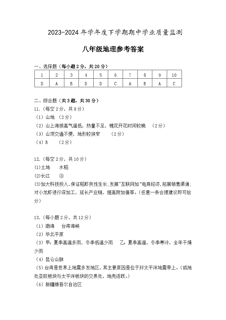 2024年春八年级地理期中质量监测参考答案(1)第1页