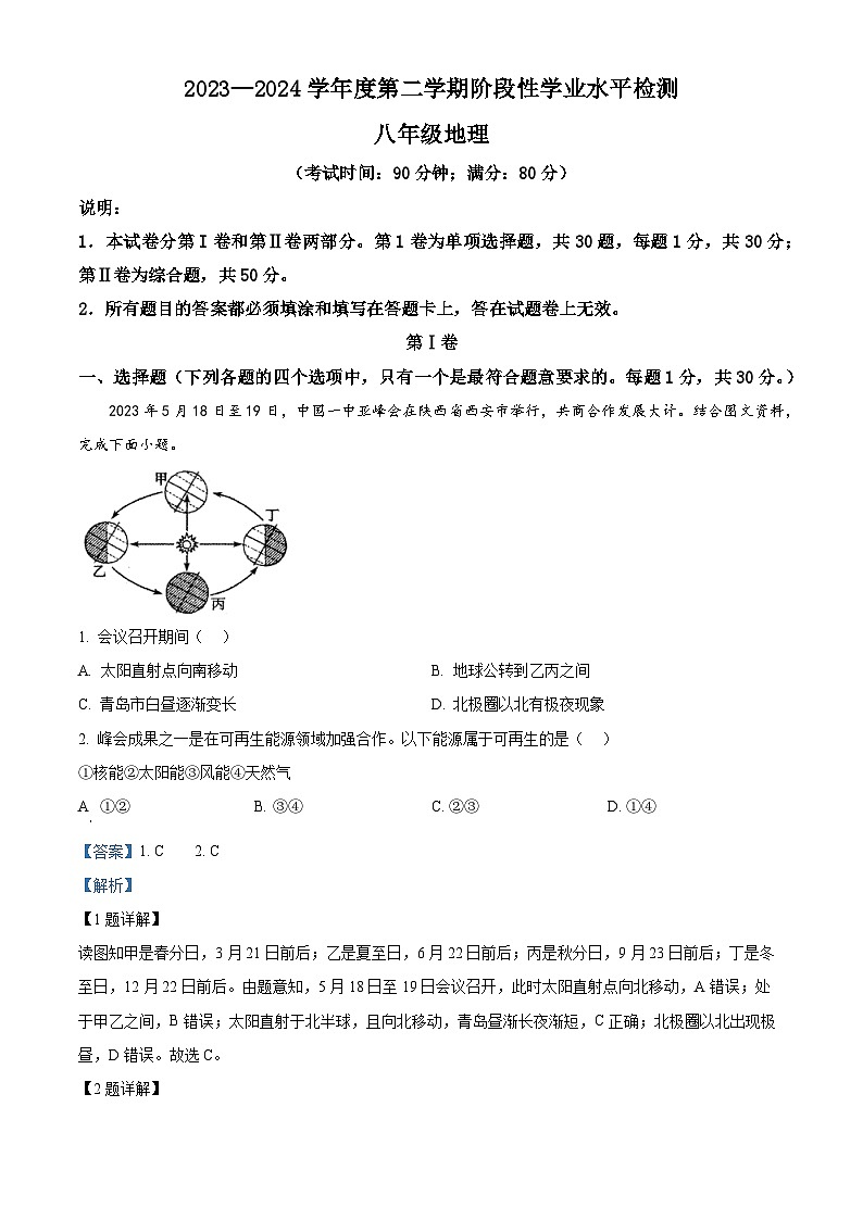 2024年山东省青岛市西海岸新区中考一模地理试卷（解析版）第1页