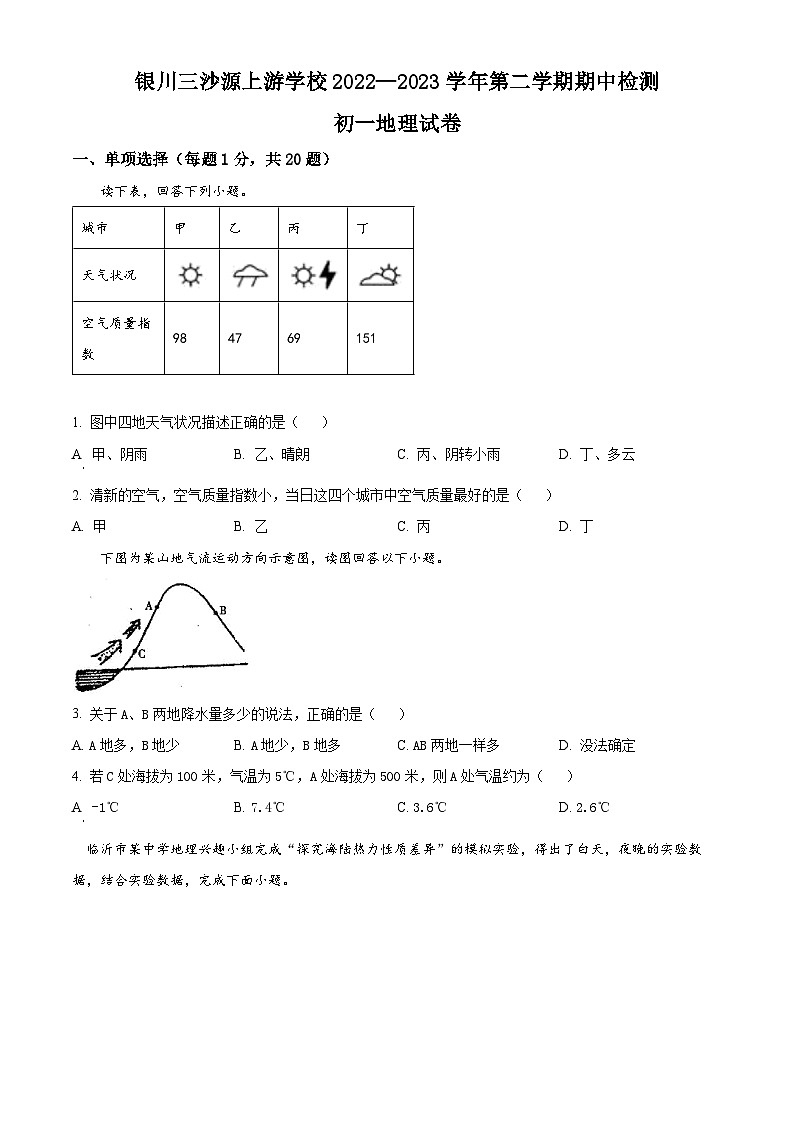 宁夏银川市永宁三沙源上游学校2022-2023学年七年级下学期期中地理试卷（原卷版）第1页