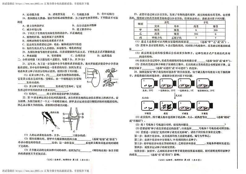 甘肃省陇南市康县2023—2024学年九年级下学期阶段性学习效果评估生物、地理试卷第2页