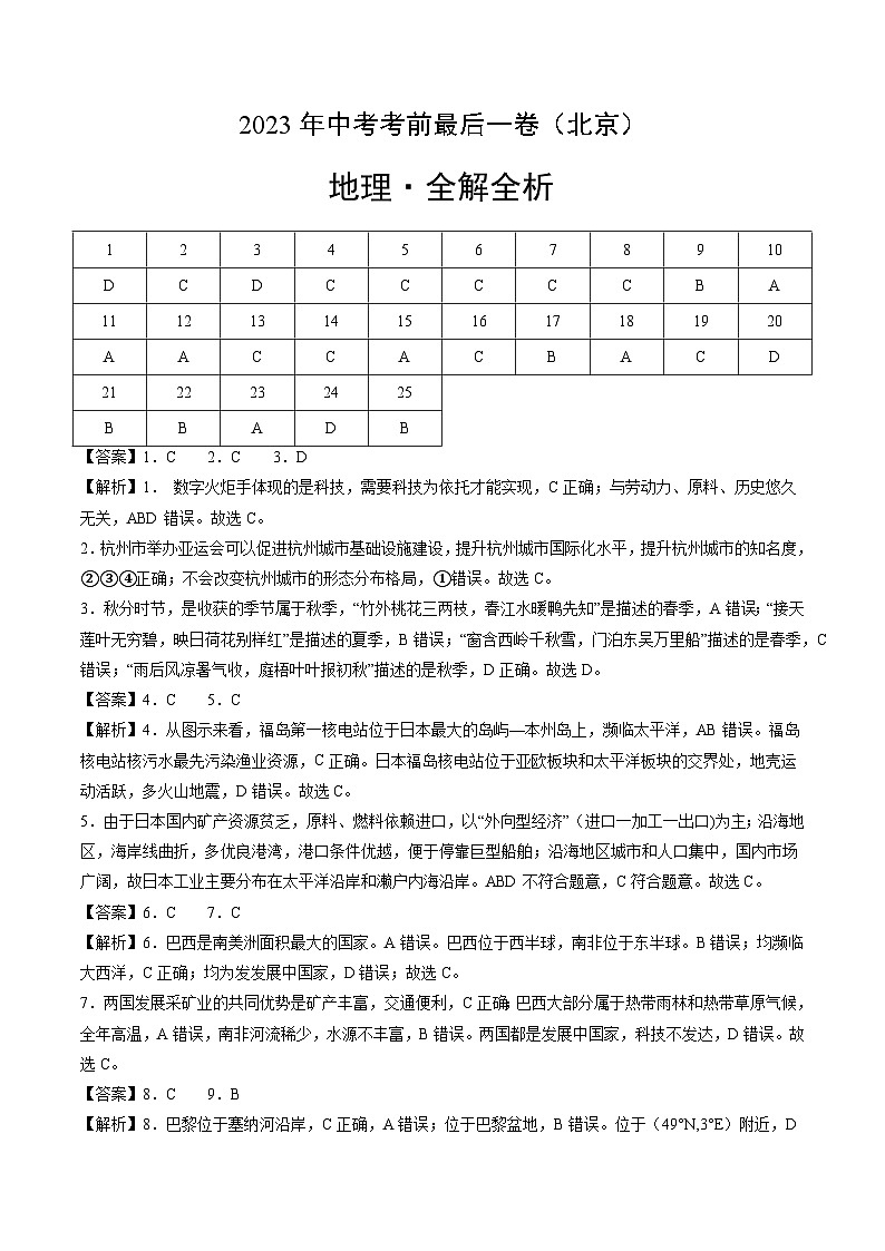 2024年中考考前最后一套押题卷：地理（北京卷）（全解全析）第1页