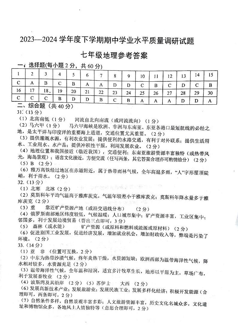 33，山东省临沂市临沂经济技术开发区2023-2024学年七年级下学期期中地理试题(1)第1页