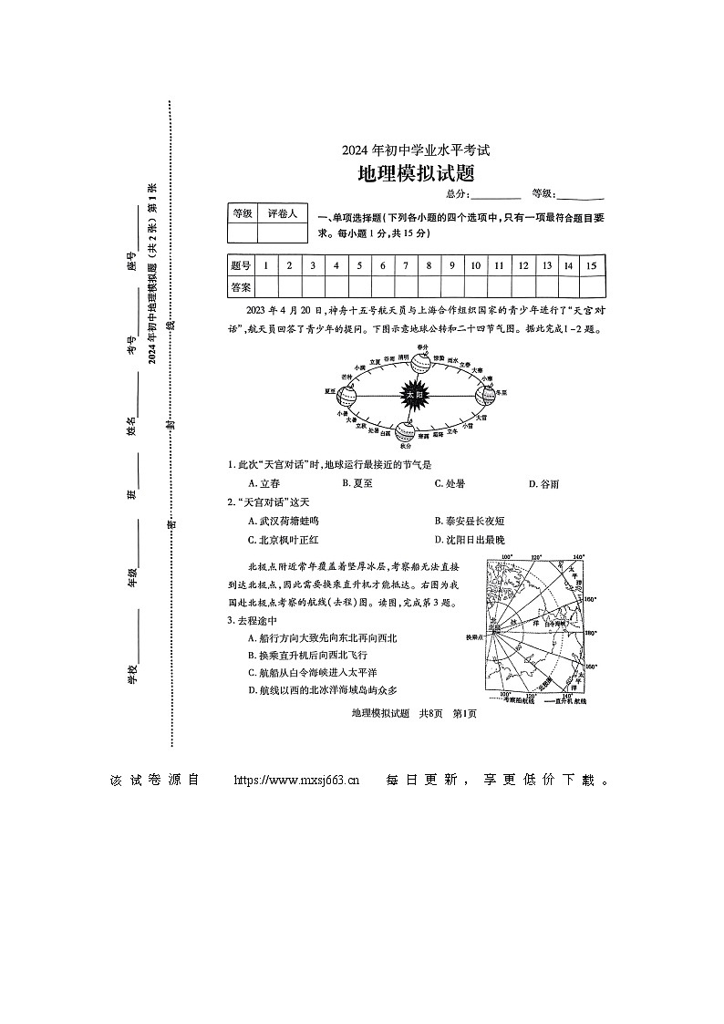 50，2024年山东省泰安市泰山区中考一模地理试题第1页