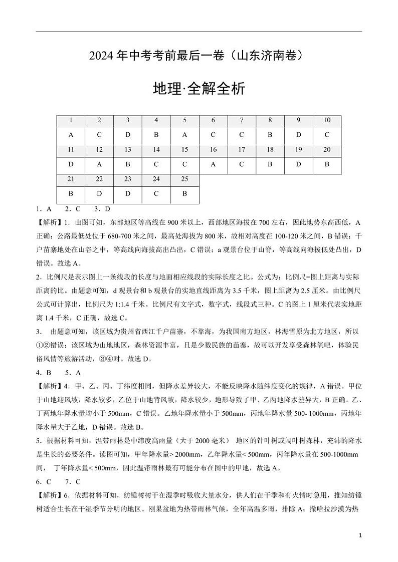 2024年中考考前最后一套押题卷：地理（山东济南卷）（解析版）第1页