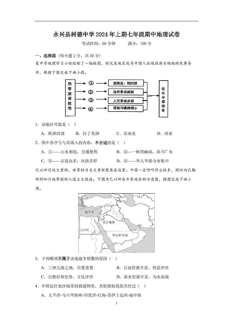 湖南省永兴县树德中学2023-2024学年七年级下学期期中考试地理试题第1页