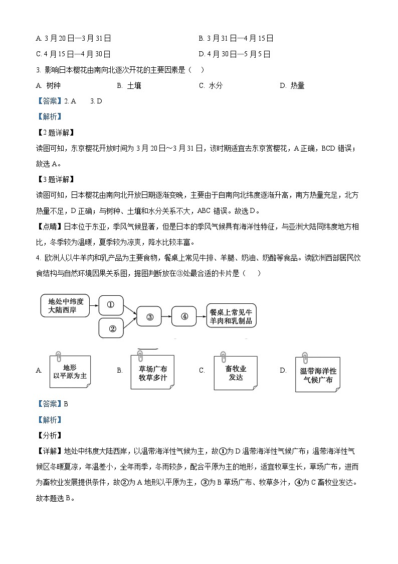 湖北省荆门市沙洋县毛李中学教联体2023-2024学年七年级下学期期中校本作业地理试题（原卷版+解析版）02