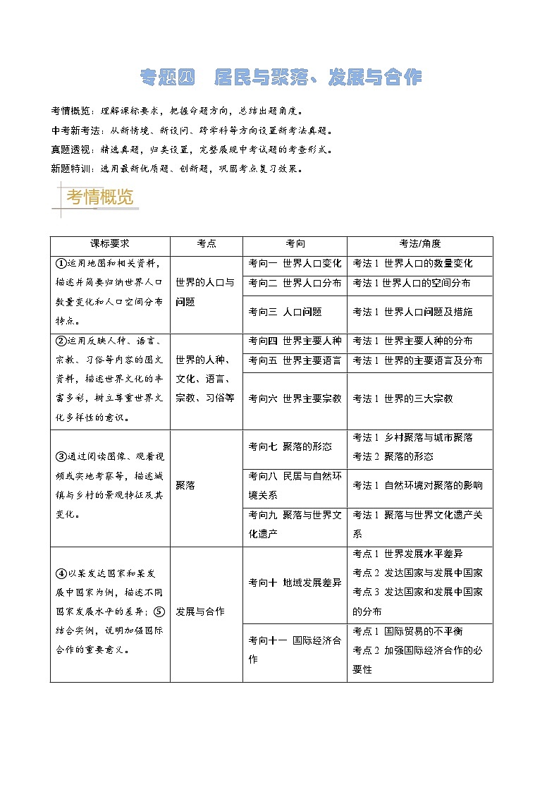 2024年中考地理真题题源解密（全国通用）-专题04 居民与聚落、发展与合作（原卷版）第1页