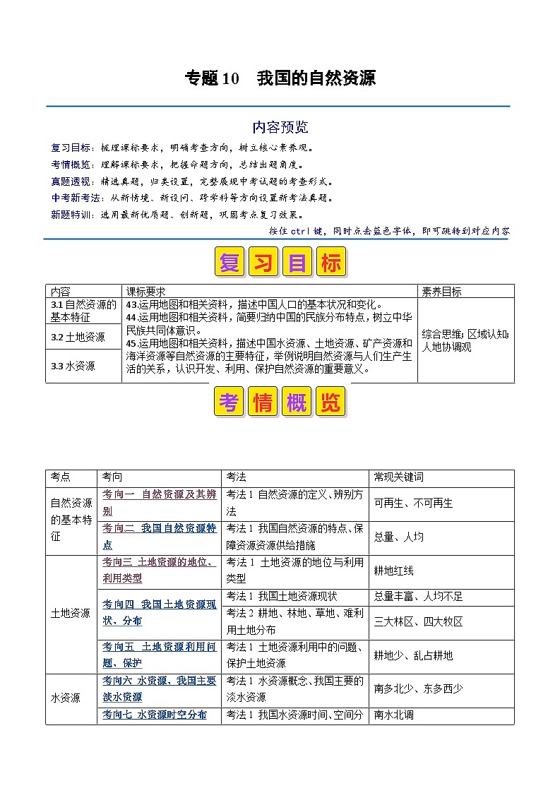 2024年中考地理真题题源解密（全国通用）-专题10 我国的自然资源（原卷版+解析版）01